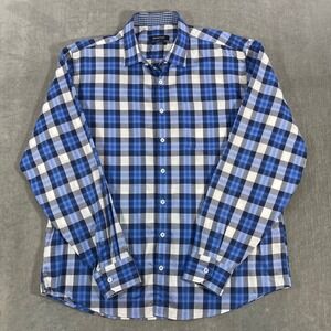 BUGATCHI‎ Mens XL Classic Fit Long Sleeve Blue White Plaid Dress Shirt